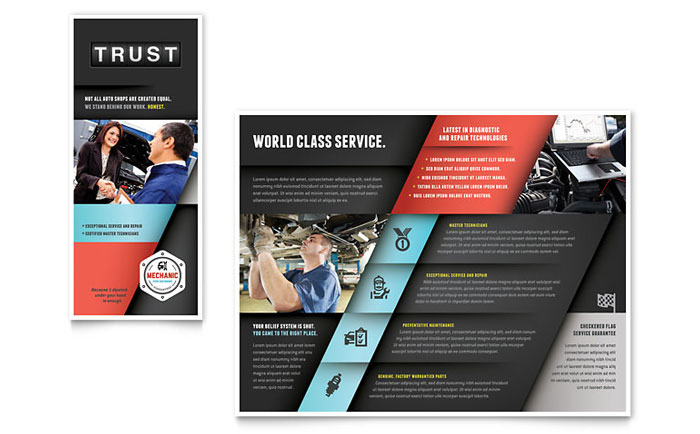 Auto Mechanic Trifold Brochure Template - Word, Publisher, InDesign, Illustrator, Pages, QuarkXPress, CorelDraw