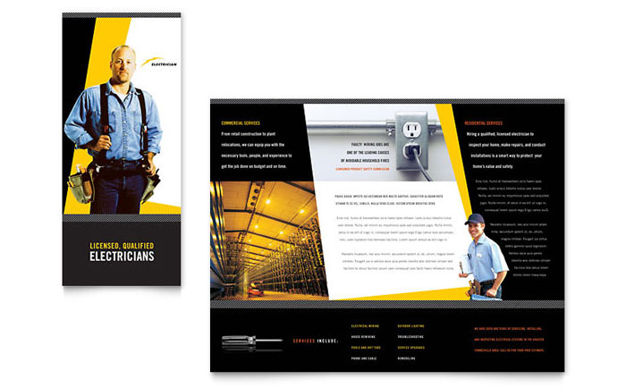 Electrician Trifold Brochure Template - Word, Publisher, InDesign, Illustrator, Pages, QuarkXPress, CorelDraw