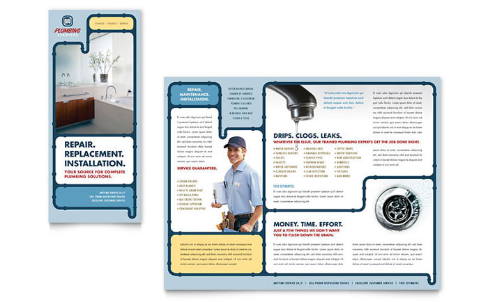 Plumbing Services Trifold Brochure Template - Word, Publisher, InDesign, Illustrator, Pages, QuarkXPress, CorelDraw