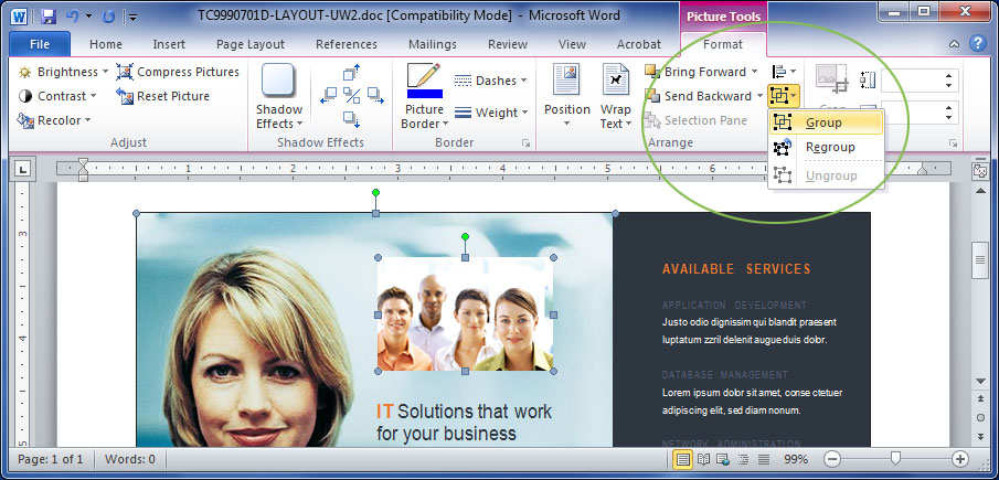 Group Ungroup Objects Microsoft Word Screen